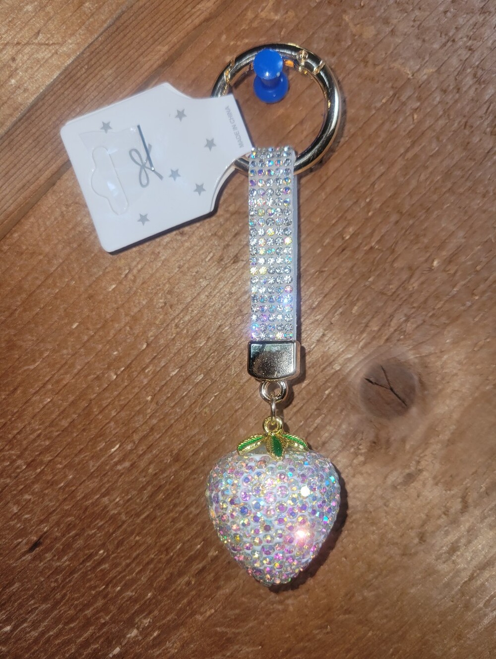 Rhinestone Heart Strawberry Keychain - Iridescent Crystal